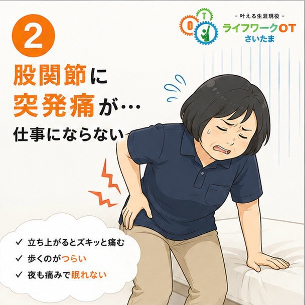 股関節に突発痛が起き、立ち上がりや歩行がつらい状態