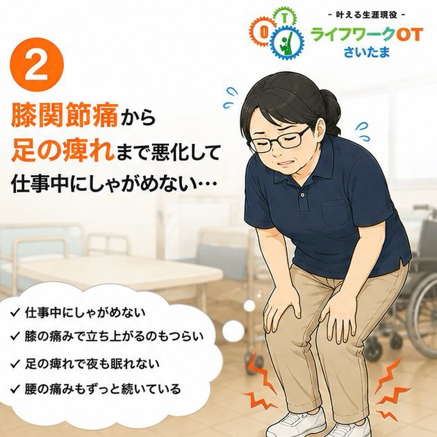 膝関節痛から足のしびれまで悪化し、仕事がつらい状態